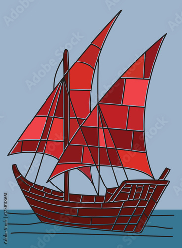 Vector Illustration of a Classic Arabian Dhow: Wooden Middle Eastern Sailing Ship with Vibrant Red Sails - Ideal for Cultural Heritage, Nautical Education, and Maritime Design Projects.