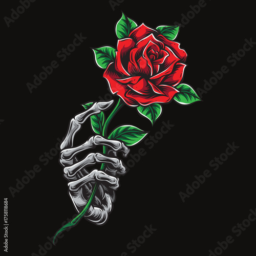 Skeleton Hand Holding a Red Rose Against Black flower