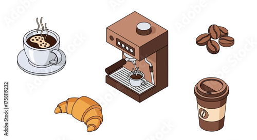 Isometric illustration of coffee, croissant, coffee maker, and coffee beans.
