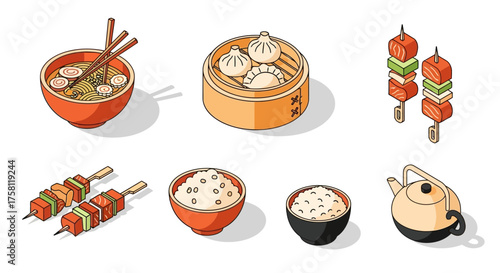 Isometric Asian food icons: soup, dumplings, skewers, rice, teapot.