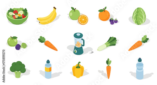 Isometric illustration of various fruits, vegetables, and a blender.