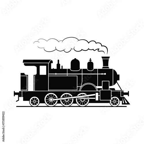 Classic steam locomotive emitting smoke against white background
