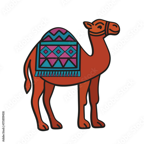 This bold clay-coloured flat Arabian camel symbol, accented with a turquoise geometric saddle pattern, is perfect for fast food restaurant packaging and advertising campaigns.