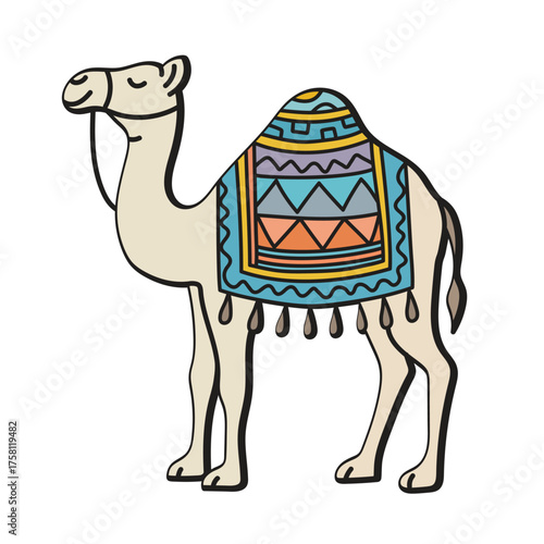 Illustration of a cute and friendly cartoon camel with a geometric saddle in pastel colors, perfect for children's storybooks and educational materials, and a charming decorative element in a child's 