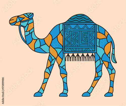 An attractive vector illustration of an Arabian camel with a mosaic body in cool blue and warm orange, featuring traditional tribal saddle art, excellent for modern travel agency signage and outdoor a