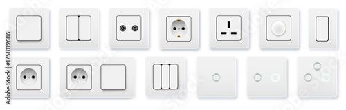 Realistic socket and switch. Interior wall outlets or electric connectors. Switches and sockets set Different square types. Vector