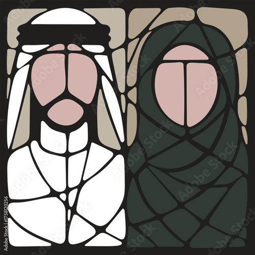 Vector art of a Gulf man wearing a thobe and a woman wearing an abaya in a stained glass mosaic style: Perfect for cultural diversity campaigns and Arabic language learning resources