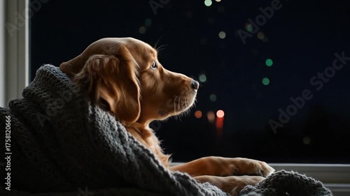 Golden retriever dog watches fireworks display at night wrapped in blanket