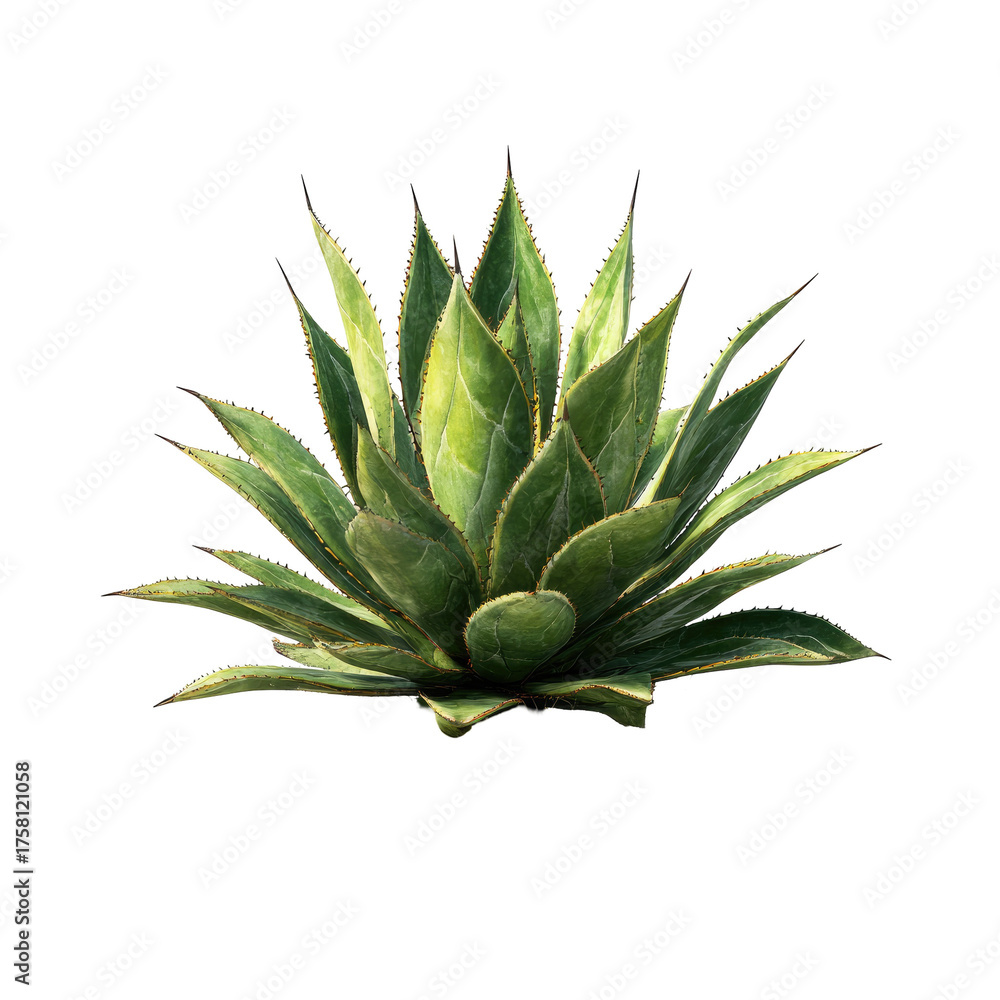 Fototapeta premium A vibrant agave plant, with spiky leaves and a light green center, isolated on black