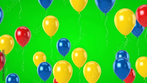 Dynamic Animation of Glossy Red, Yellow, and Blue Balloons Rising on a Green Screen