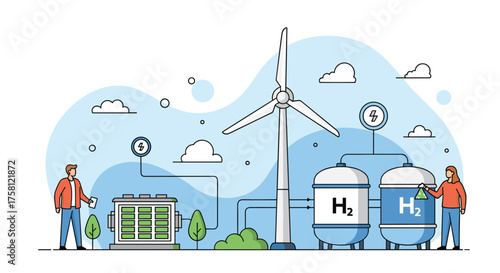 Renewable energy technologies producing hydrogen fuel for a sustainable future.