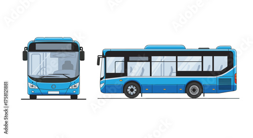 Two different views of a blue public transport bus showing front and side.
