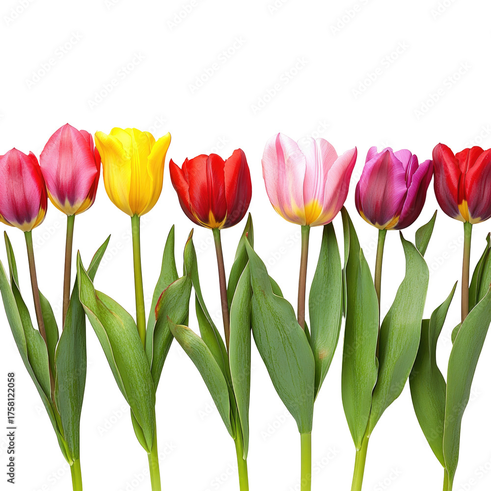 Fototapeta premium Row of colorful tulips against black