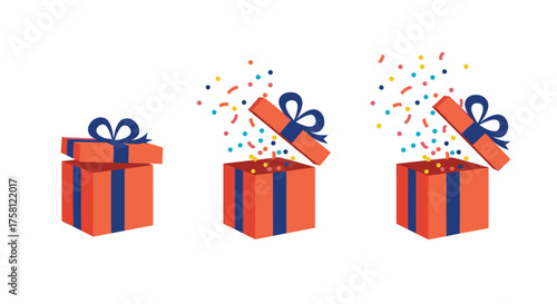 Brightly colored gift boxes reveal confetti and streamers in a festive celebration.