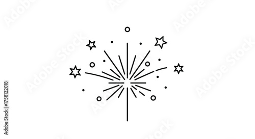 A simple line drawing of a sparkler with stars and circles emanating from it.