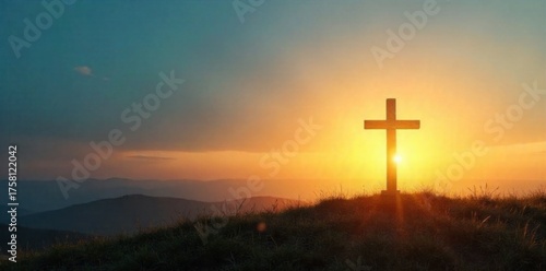 A solitary wooden cross on a hill overlooking a peaceful valley at dawn. A single, weathered wooden cross stands atop a rolling green hill. The sun is just rising, casting a soft, warm glow across the