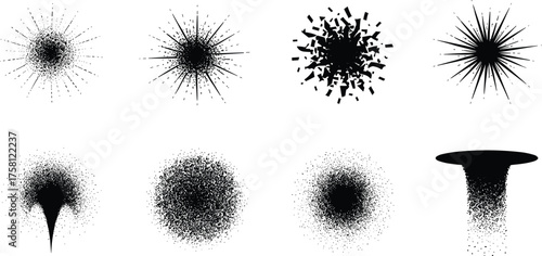 Abstract particle dispersion set, explosion burst vector, black silhouette graphic, radial energy shape, dust cloud illustration, vortex pattern, dynamic design element