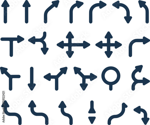 Directional Arrow Icon Set Featuring Turns, Curves, Merges, U-Turns, Navigation Symbols for Traffic, UI, Map and Vector Design Use
