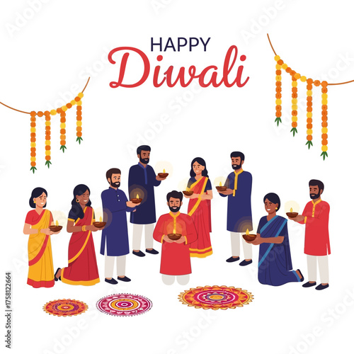 Happy Diwali Celebration with Family and Friends Holding Diyas.