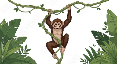 Cartoon Monkey Hanging from Vine with Brown Fur and Expressive Face.