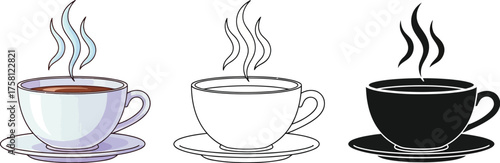 Coffee cup with steam in color, outline, and silhouette illustration