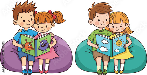 Children reading books together, sitting on bean bags, learning through stories, colorful kids room, early education, friendship, imagination, happy childhood moments