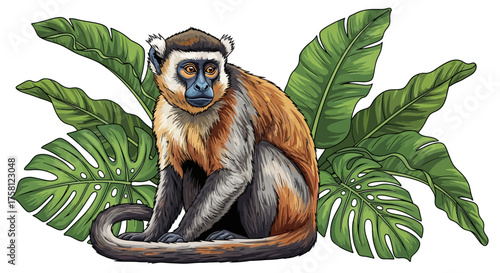 Detailed Illustration of a Seated Monkey with Distinctive Fur and Blue Face.