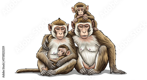 Family of Four Monkeys Vector Illustration Depicting a Loving Family.