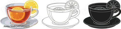 Cup of tea with lemon slice in color, outline, and silhouette illustration