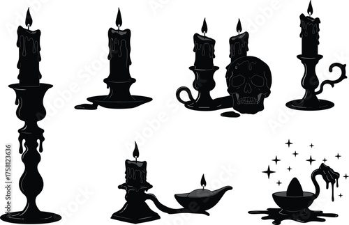Gothic candle silhouettes with skulls, magical hand, dripping wax, spooky decor, black vector icons, horror theme, mystical fantasy illustration