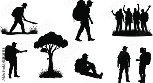 Hiking silhouette, outdoor adventure, backpackers, nature exploration, group trekking, forest journey, camping rest, travel pose, black vector, wilderness scene