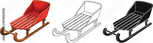 Vector art of three variations of a classic wooden sled, showcasing a vibrant colored version, a detailed line drawing, and a solid black silhouette