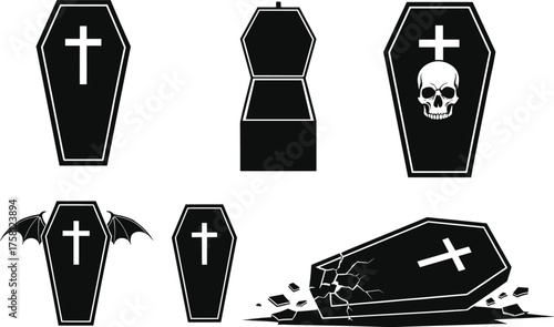 Halloween coffin icons, spooky grave symbols, gothic horror clipart, bat wing coffin, skull cross illustration, eerie burial graphics, vector set