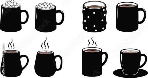 Hot chocolate mug silhouette, marshmallows, steam rising, whipped cream, cozy drink, winter beverage, vector art, black mug, dessert, comfort