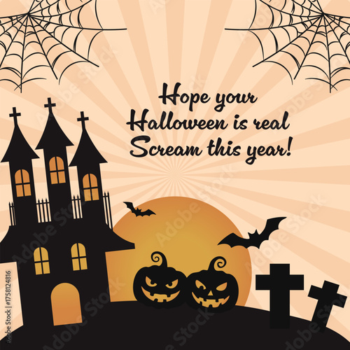 Fotografía Happy Halloween Greeting with Silhouette Haunted House Gravestones Jack O Lantern Spider Web Moon Bats and Starburst isolated on Beige Background