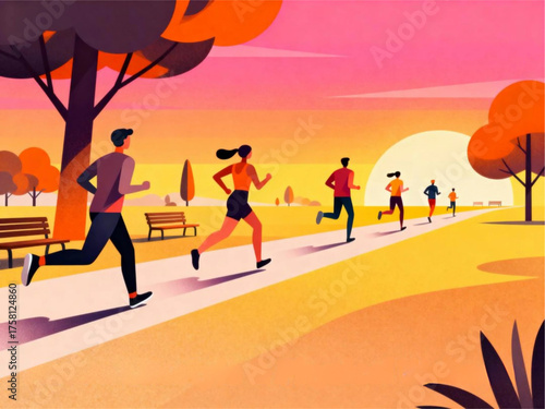 Active lifestyle in park Group of people jogging outdoors at sunset