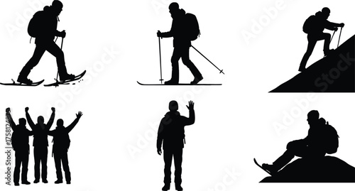 Snow activity silhouette, mountain adventure, hiking, skiing, snowshoeing, outdoor recreation, group celebration, nature travel, black vector, winter exploration scene