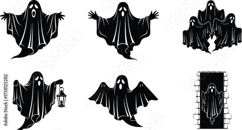 Stylized ghost silhouettes with haunting expressions, spooky Halloween theme, black vector icons, supernatural characters, eerie poses, fantasy horror illustration, creepy design
