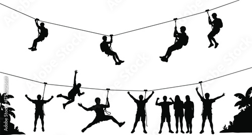 Zipline, silhouette, adventure, outdoor, jungle, harness, cable, excitement, tropical, forest, activity, motion, thrill, group, fun, nature, extreme sport, cheering, exploration, recreation