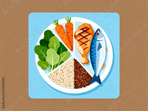 Balanced Diet Plate with Vegetables, Protein, and Whole Grains Illustration