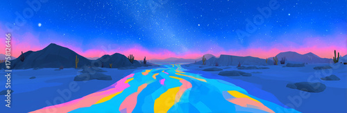 A rainbow-colored river flows through a serene desert landscape, creating a beautiful contrast under a clear blue sky.