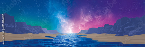 A serene river flows amidst majestic cliffs under a starlit sky, blending natural beauty with an ethereal atmosphere.