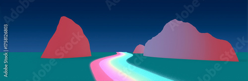 Modern geometric shapes represent a path through mountains, conveying a sense of abstraction and minimalist beauty in design.