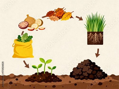 The complete cycle of composting organic waste into nutrient-rich soil, promoting sustainable plant growth and environmental health