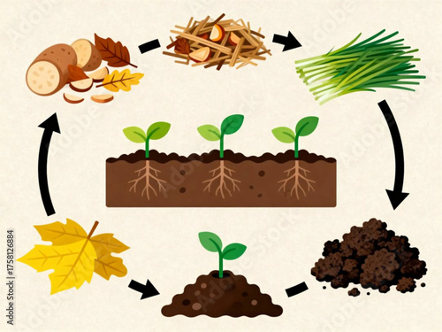 Lifecycle of plants from decay to growth in a compost cycle illustration