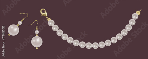 Pearl beads, Luxurious Pearl Necklace. Strings of Pearls. Vector illustration
