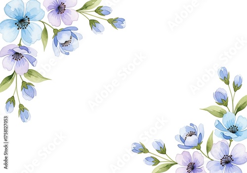 Watercolor Floral Corner with Blue and Purple Flowers on White Background