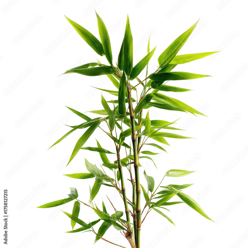 Fototapeta premium A green bamboo stalk with many pointed leaves, standing against a pure black background