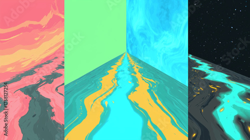 A vibrant abstract scene featuring swirling colors and reflections creating an immersive, dreamlike atmosphere.