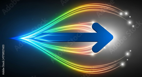 Abstract glowing blue arrow on dark background, symbolizing speed, power, and futuristic energy flow.